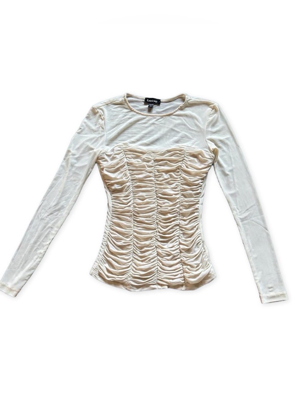 Cream Long Sleeve Shirred Corset Y2K Going Out Top
